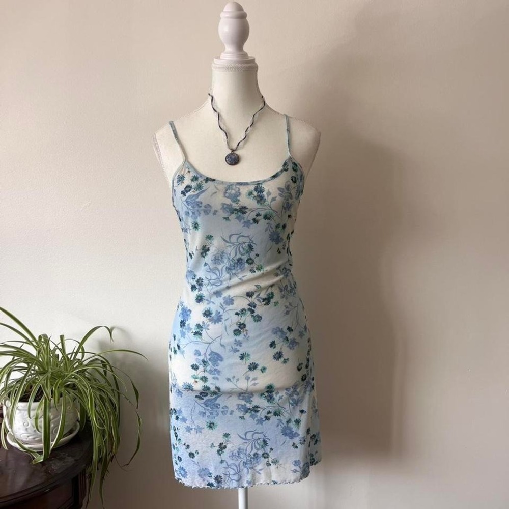 Vintage Wonderbra Mesh Floral Slip Dress Womens Sz S Blue fairycore boho